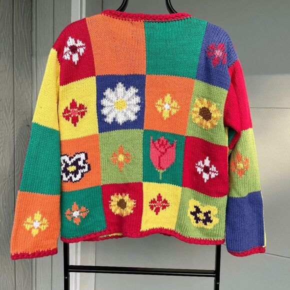 Vintage 90s Rey Wear Hand-Knitted Floral Patchwork Cardigan – 100% Cotton - Picture 2 of 7